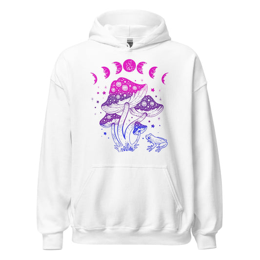 White hoodie with bisexual cottagecore mushroom and frog design on a white background