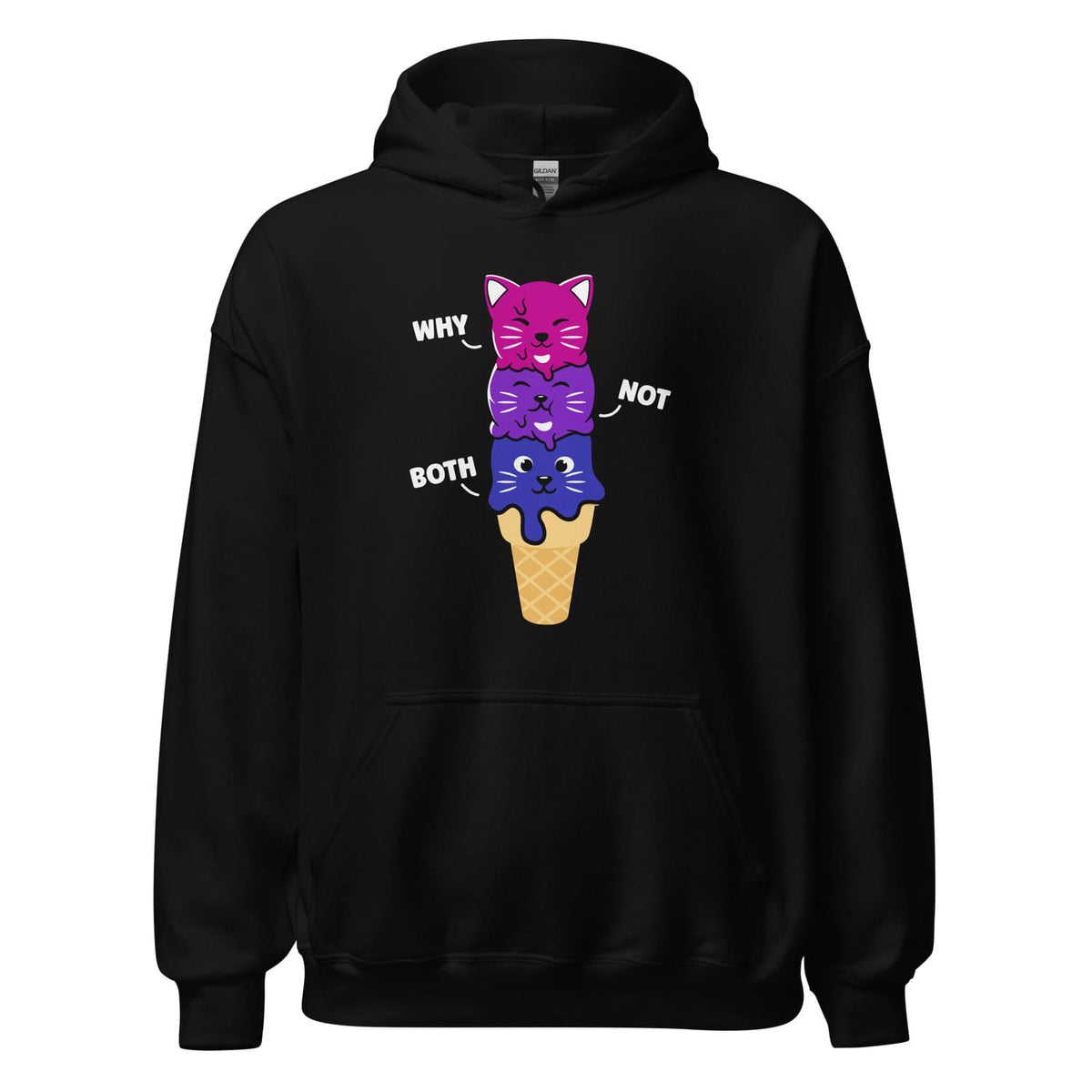 Black kawaii bisexual hoodie with colorful ice cream cone and cat graphic on a white background