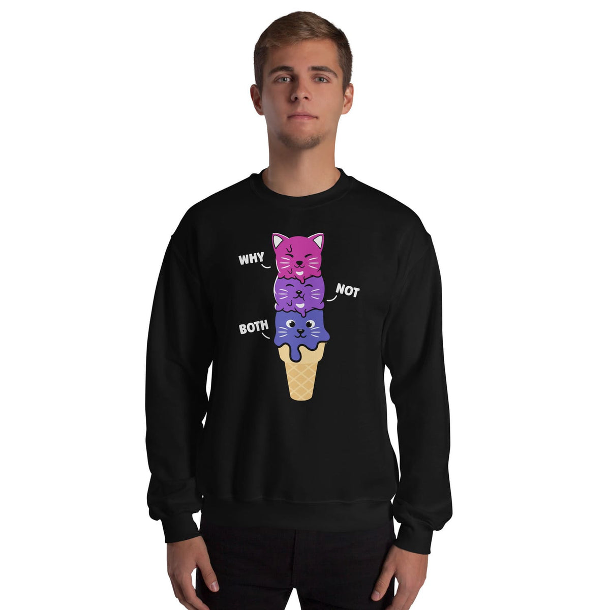 man wearing kawaii bi pride sweatshirt