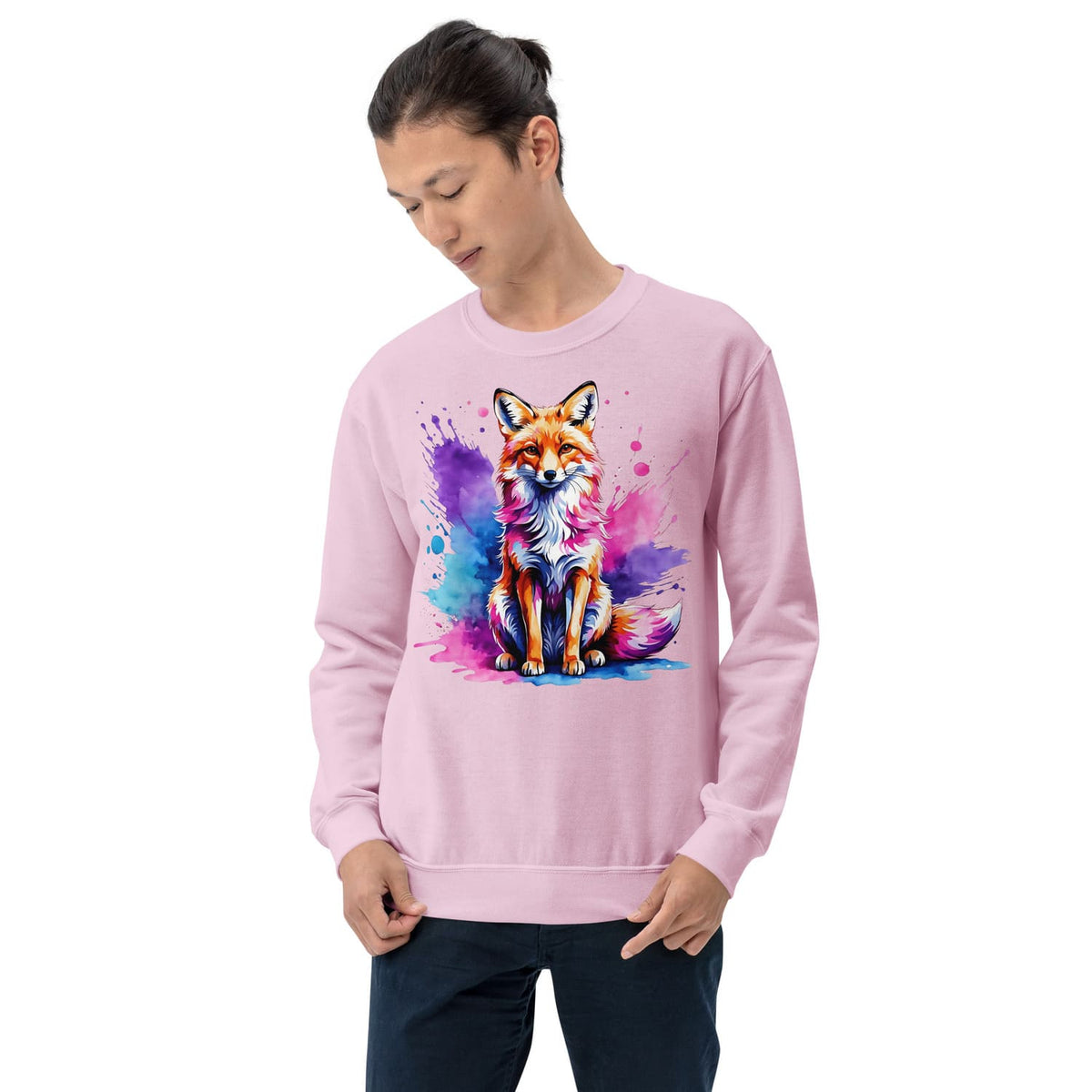 man wearing pink bisexual sweatshirt with bi pride fox