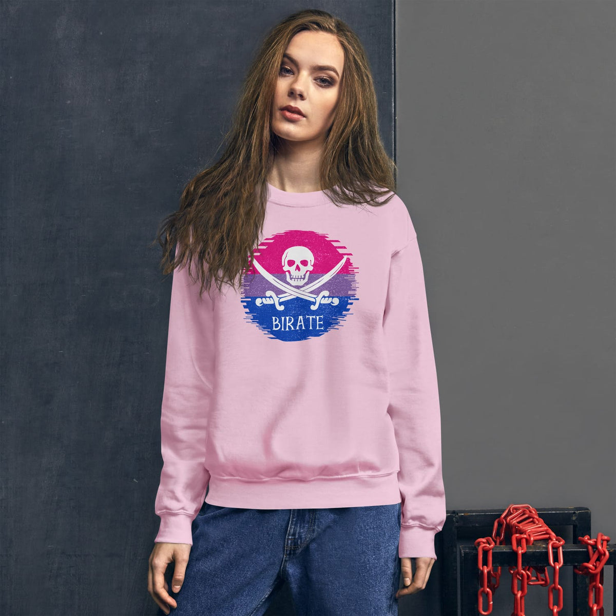 woman posing with funny bisexual sweatshirt in pink