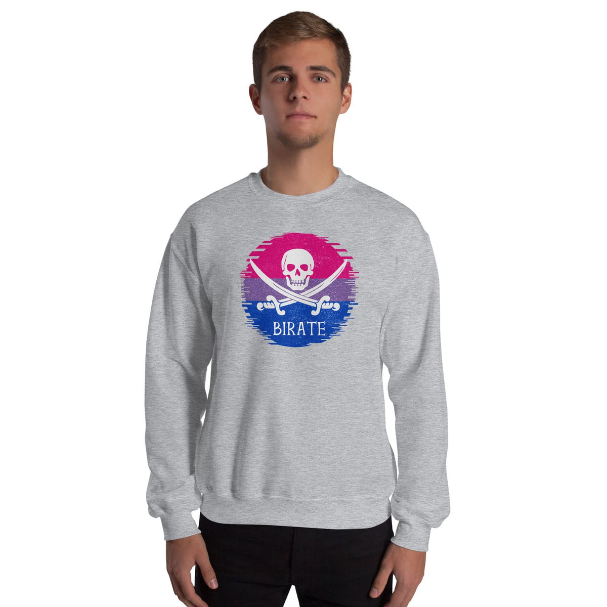 man wearing funny bisexual sweatshirt in gray
