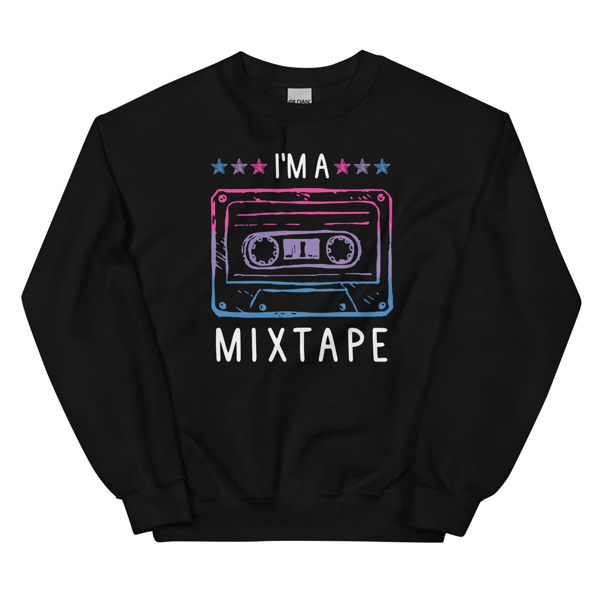 Black bisexual sweatshirt with a cassette tape graphic and 'I'm a Mixtape' text on a white background