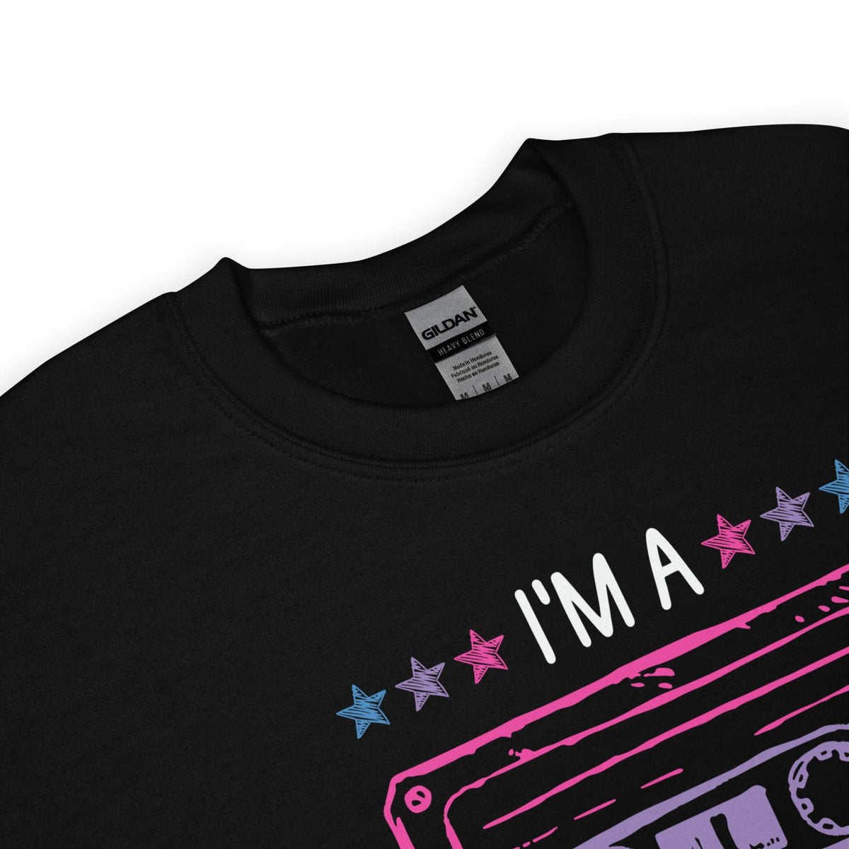 Black bisexual sweater detail with 'I'm a mixtape' text and star designs on a white background