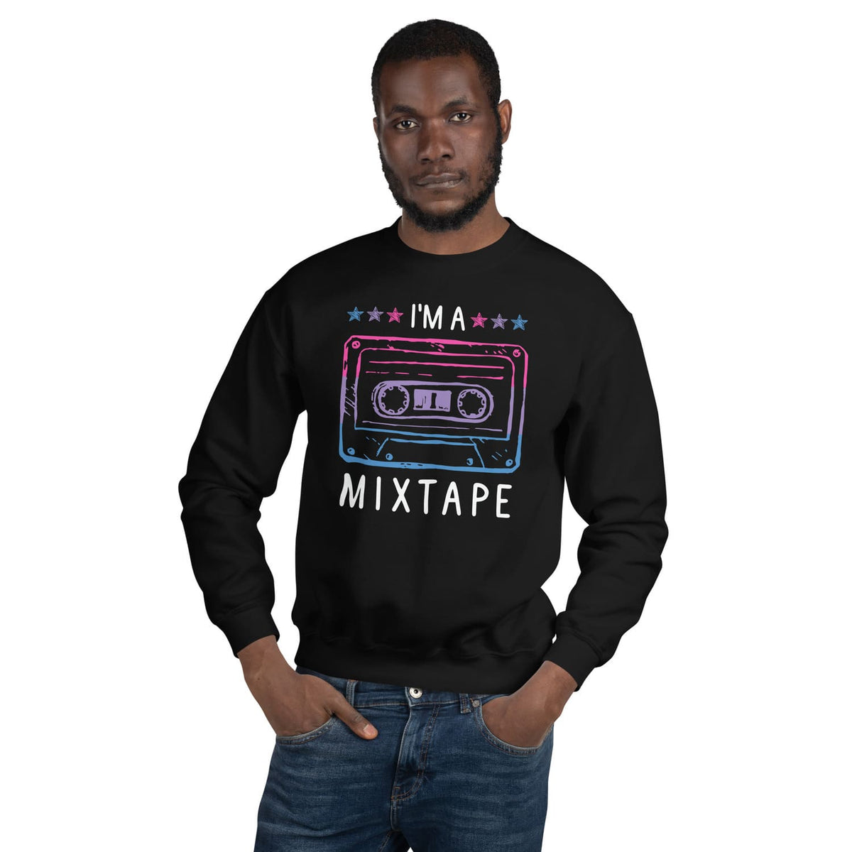 Man wearing a black bisexual sweatshirt with a graphic design and text on a white background