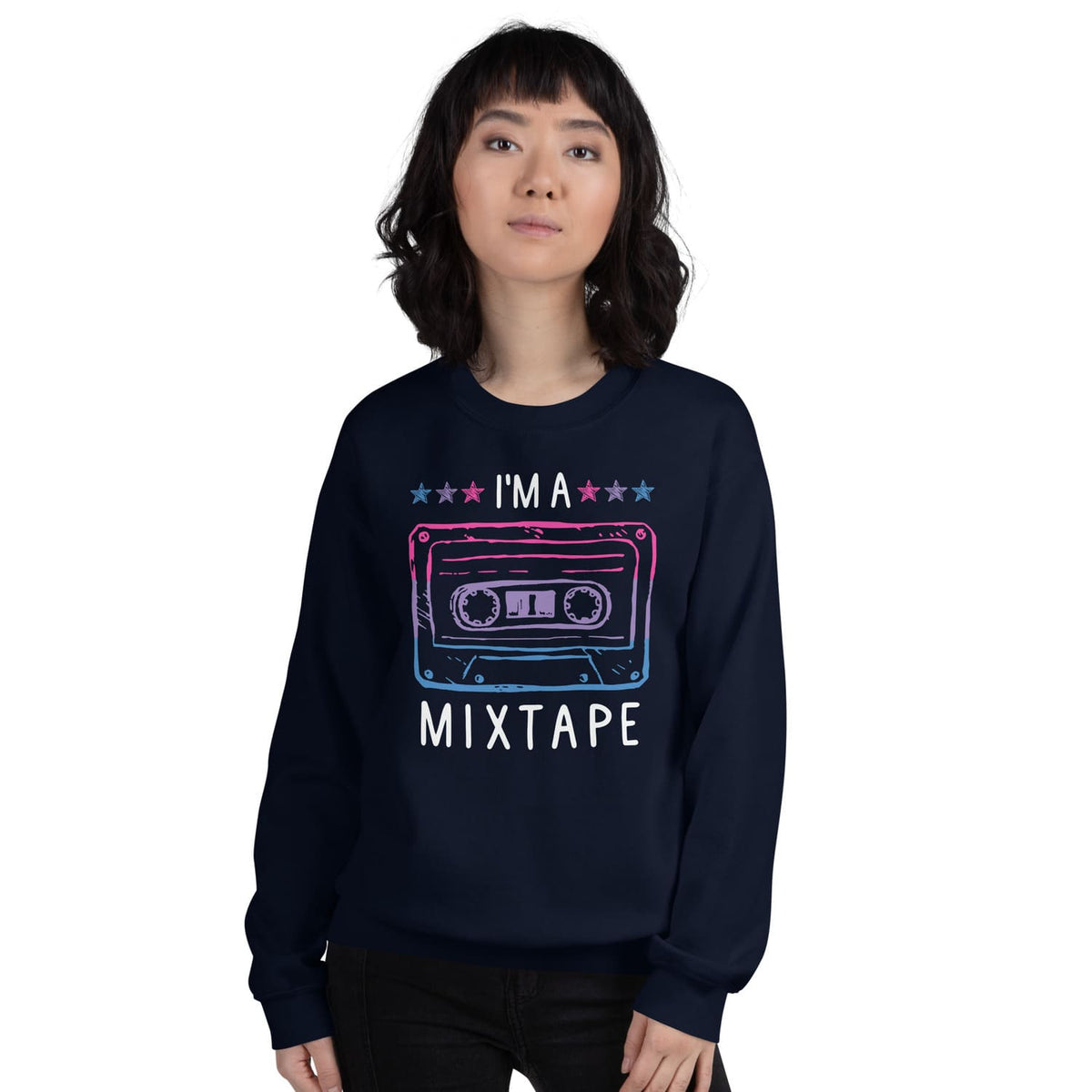 Person wearing a navy blue bisexual sweatshirt with a cassette tape graphic and 'I'm a Mixtape' text on a white background