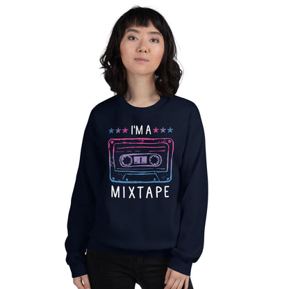 Person wearing a navy blue bisexual sweatshirt with a cassette tape graphic and 'I'm a Mixtape' text on a white background