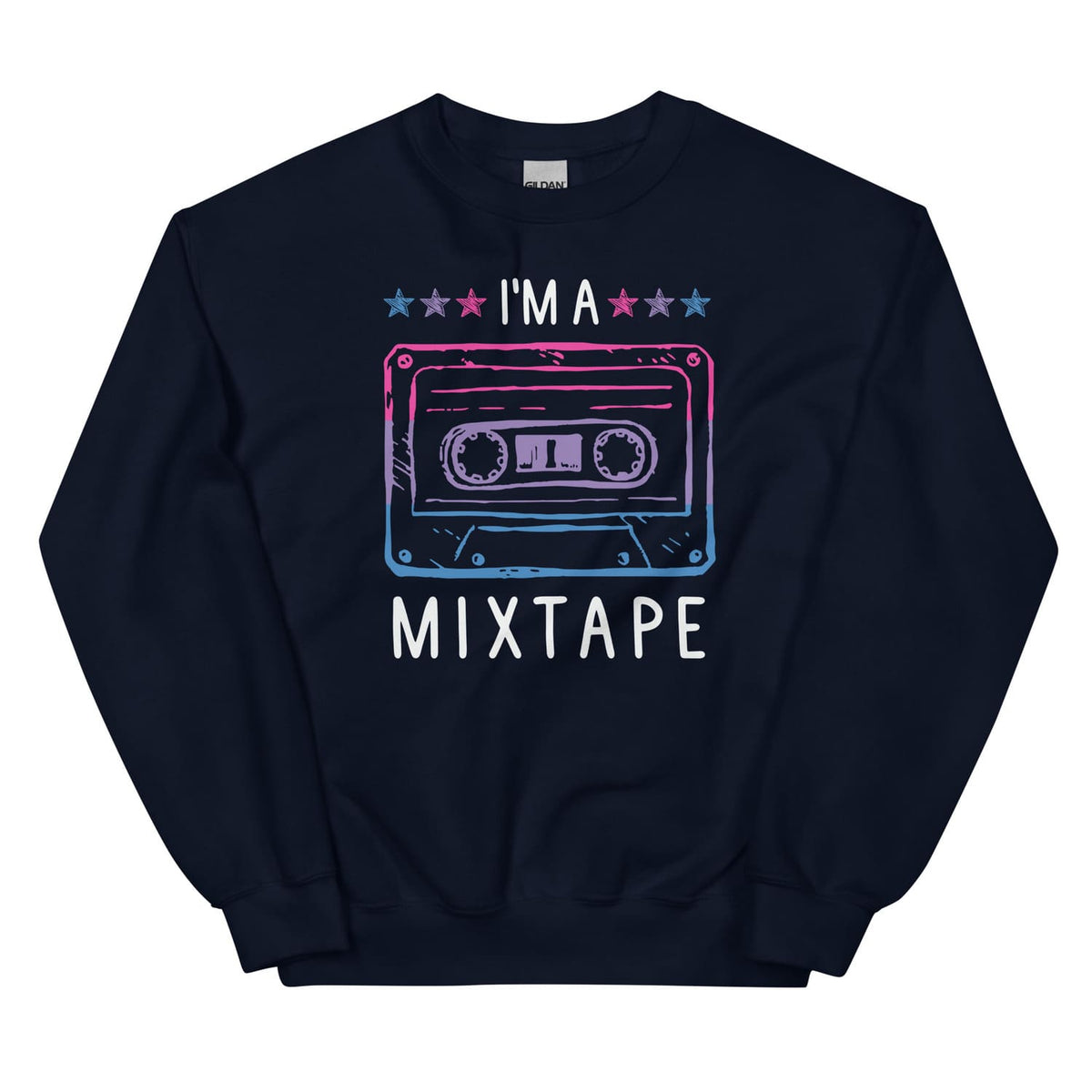 Navy bisexual sweatshirt with a cassette tape graphic and 'I'm a Mixtape' text on a white background
