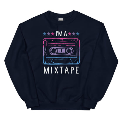 Navy bisexual sweatshirt with a cassette tape graphic and 'I'm a Mixtape' text on a white background