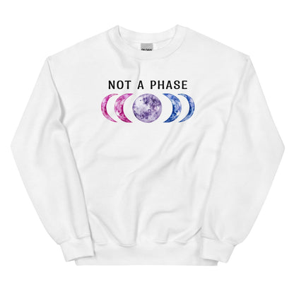 White bisexual sweatshirt with moon phase design and 'Not a Phase' text on a white background