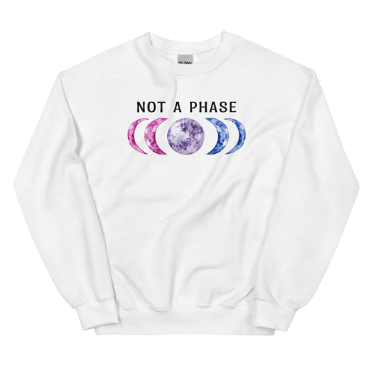 White bisexual sweatshirt with moon phase design and 'Not a Phase' text on a white background