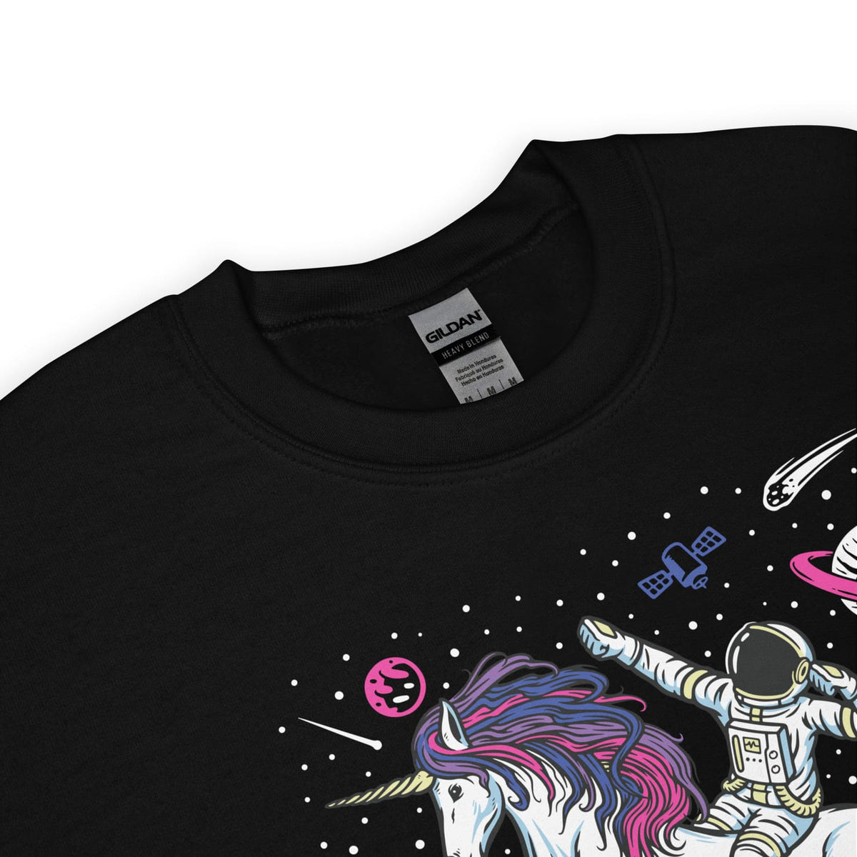 Detail of bisexual sweatshirt with an astronaut and unicorn design on a white background