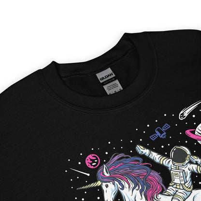 Detail of bisexual sweatshirt with an astronaut and unicorn design on a white background