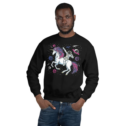Man wearing a black sweatshirt with a bisexual unicorn and astronaut design on a white background