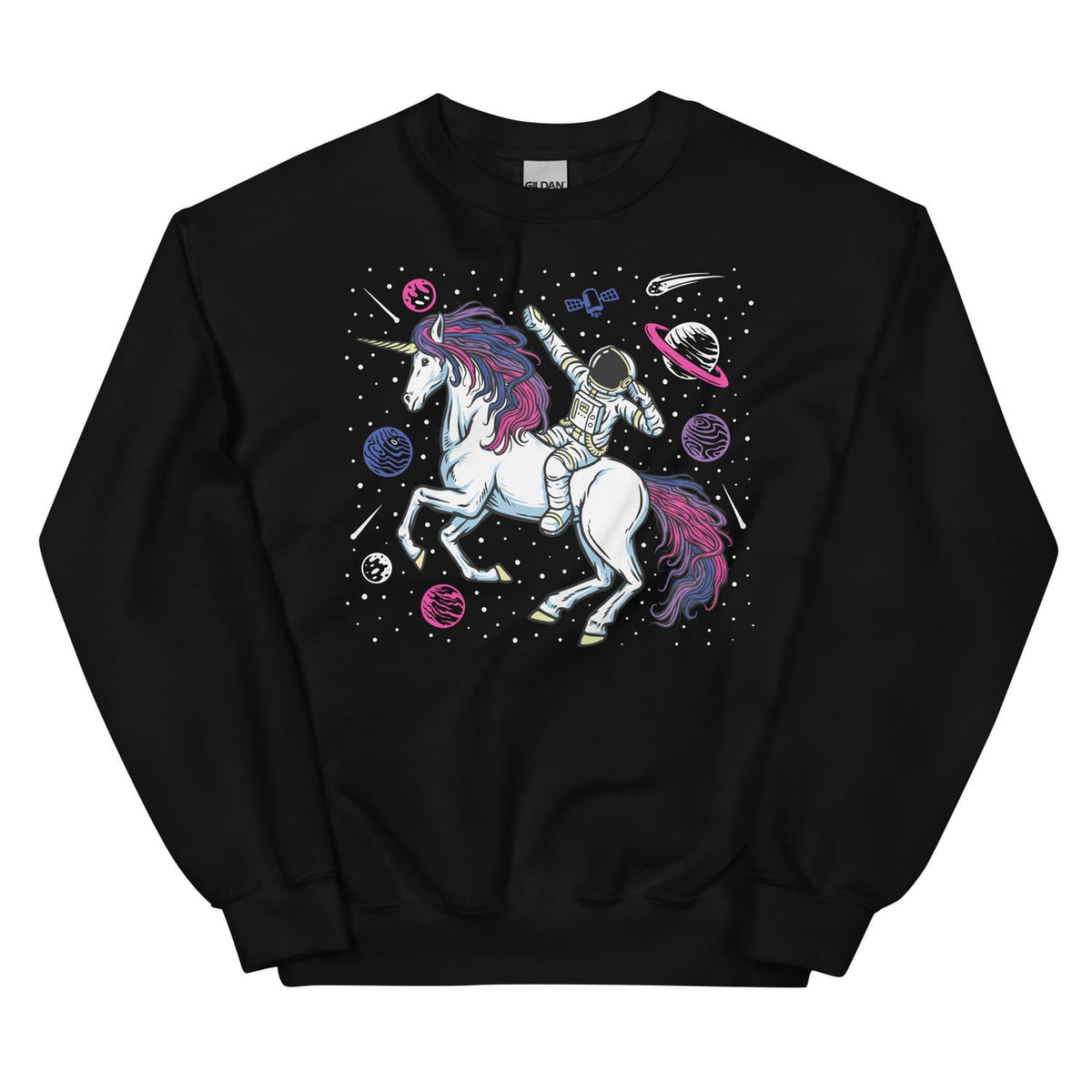 Black bisexual sweatshirt with a unicorn and astronaut design on a white background