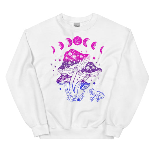 Bisexual sweatshirt with cottagecore design on a white background
