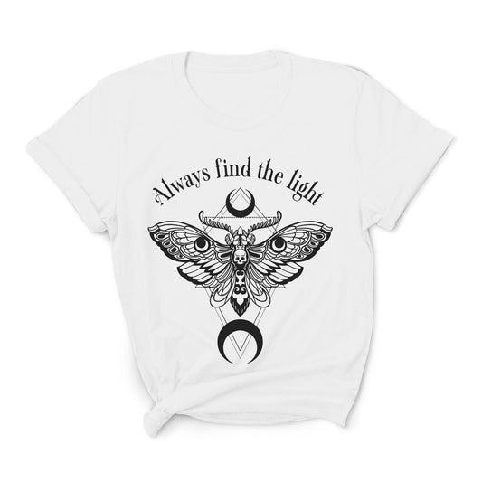 White inspirational t-shirt with black moth design and 'Always find the light' text on a white background