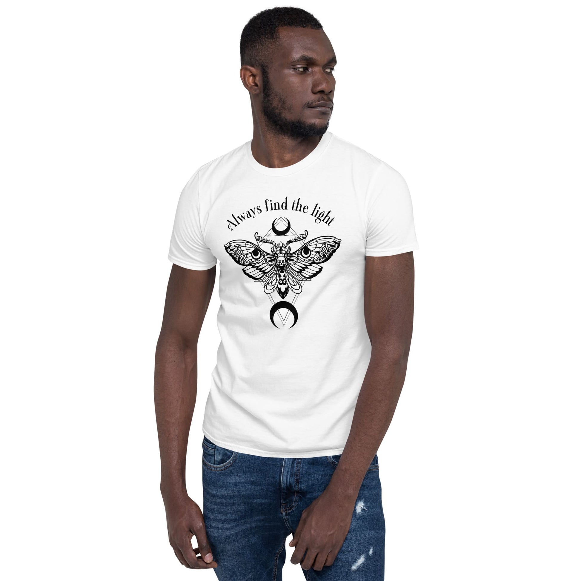 Man wearing a white inspirational t-shirt with a graphic design and text on a white background