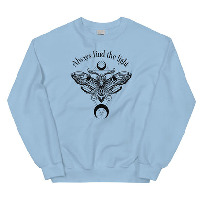 Light blue inspirational sweatshirt with black moth design and text 'Always find the light' on a white background