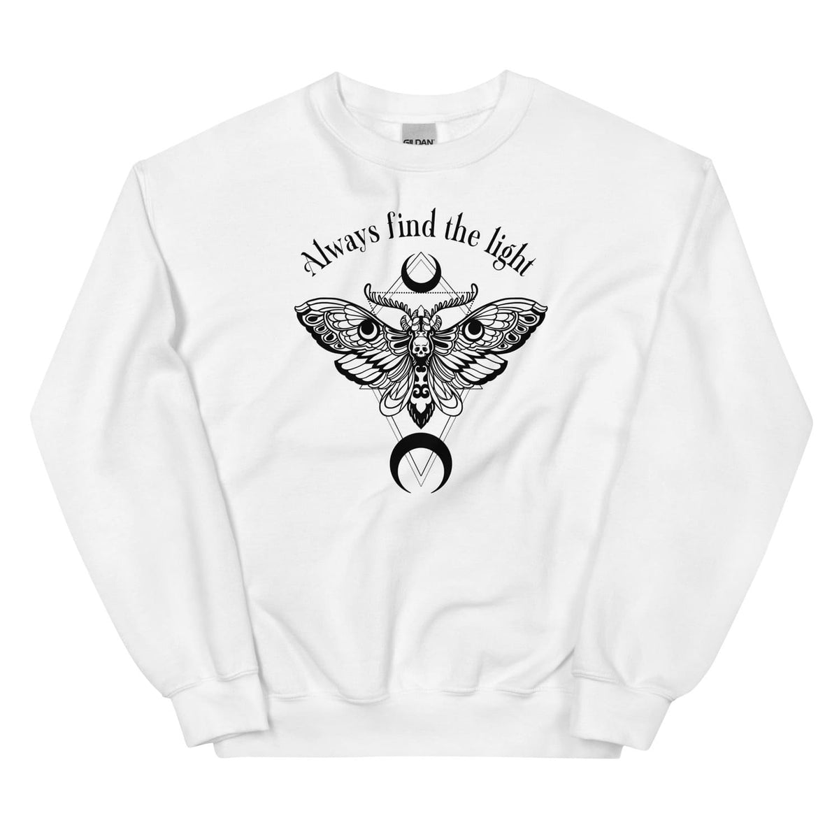 White inspirational sweatshirt with black moth design and text 'Always find the light' on a white background