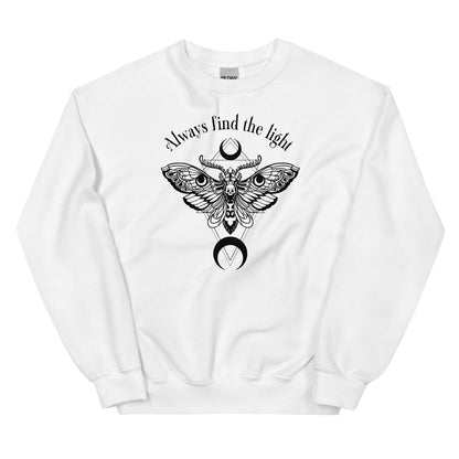 White inspirational sweatshirt with black moth design and text 'Always find the light' on a white background