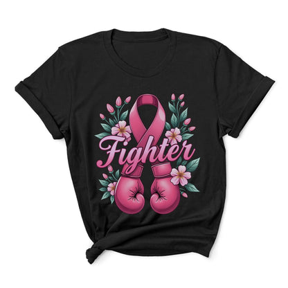 Black t-shirt with pink boxing gloves, pink cancer ribbon, and flowers on a white background