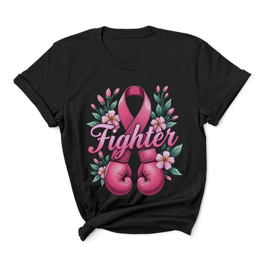 Black t-shirt with pink boxing gloves, pink cancer ribbon, and flowers on a white background