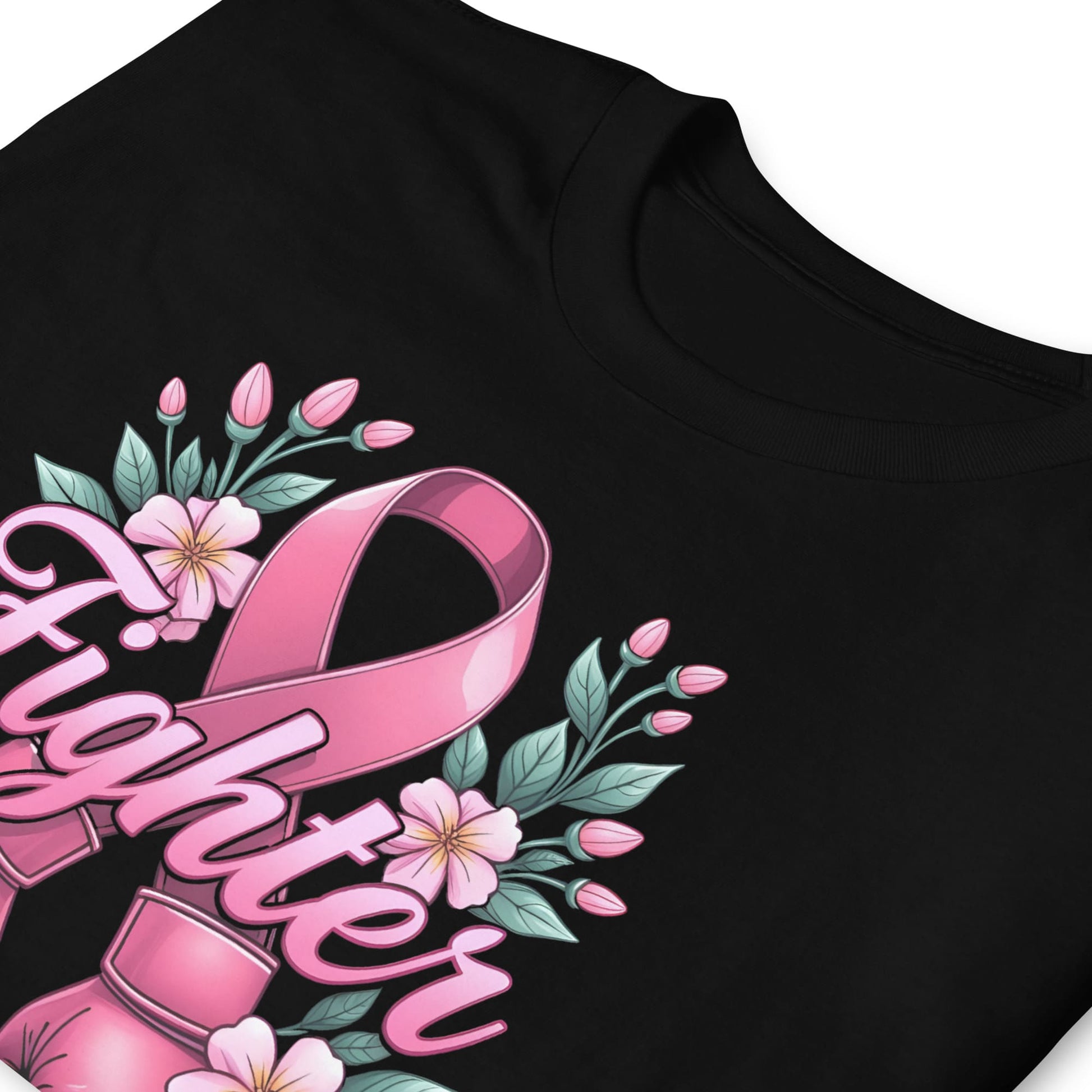 Black t-shirt with pink breast cancer ribbon and floral design on a white background