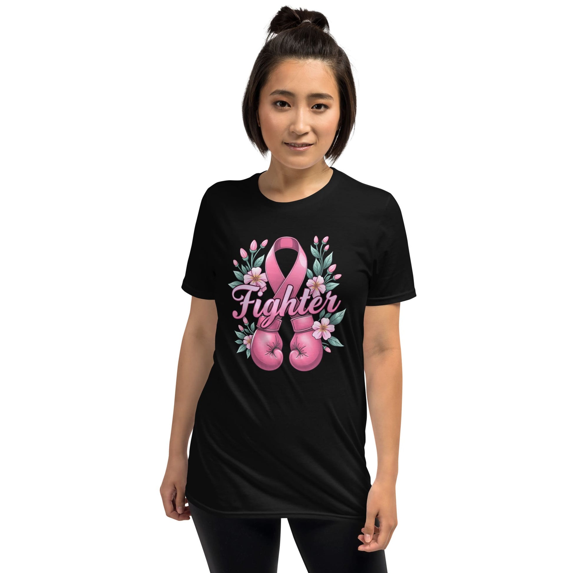 Person wearing a black t-shirt with a pink ribbon design and 'Fighter' text on a white background