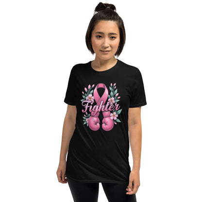 Person wearing a black t-shirt with a pink ribbon design and 'Fighter' text on a white background
