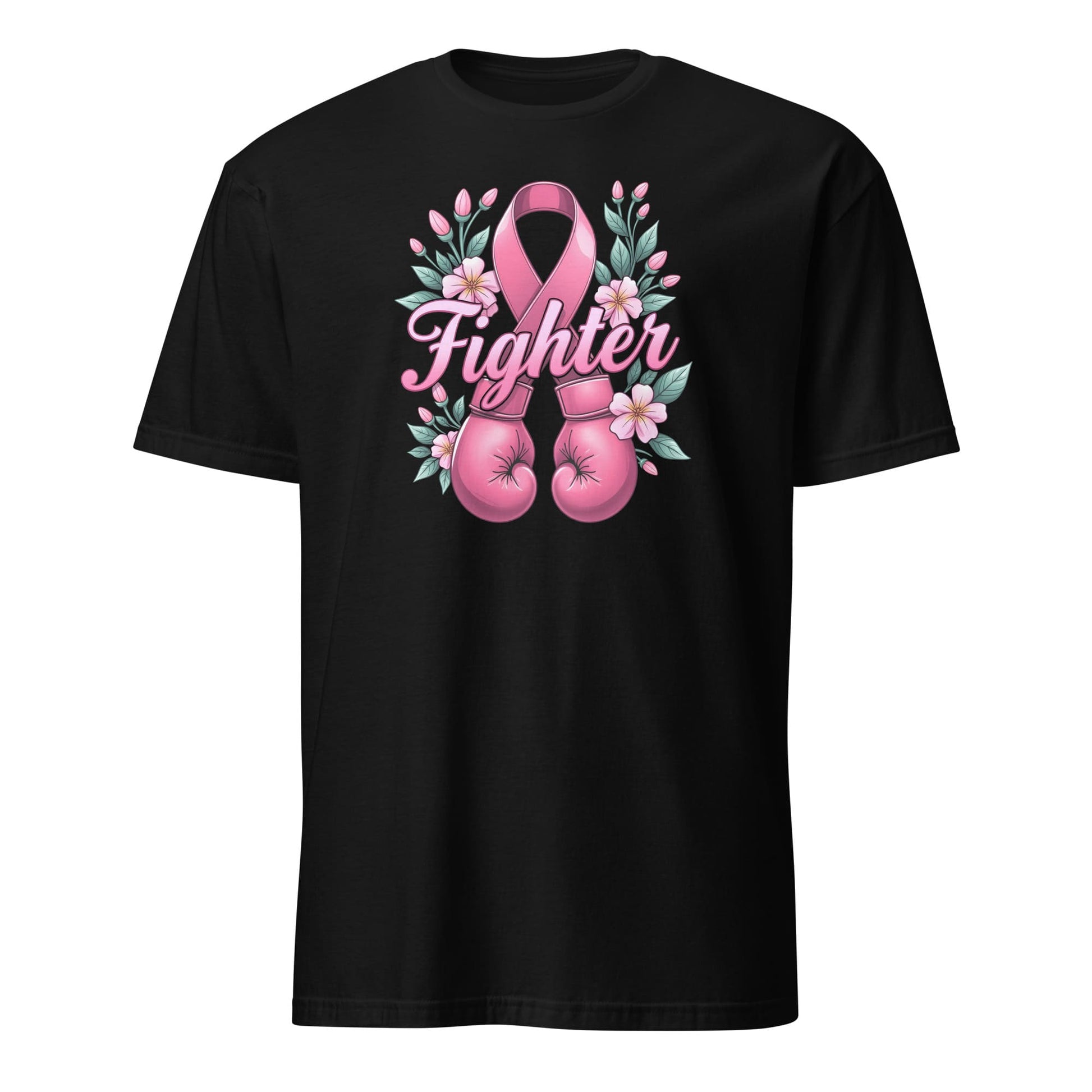 Black t-shirt with pink boxing gloves, pink cancer ribbon, and flowers on a white background