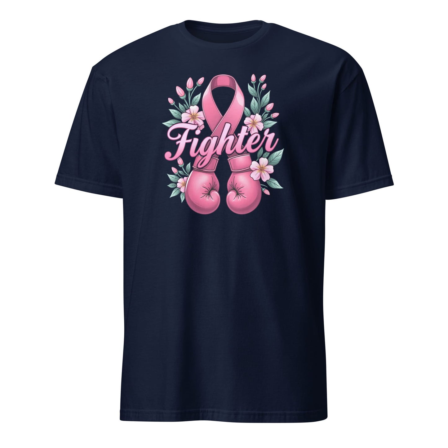 Navy blue t-shirt with pink boxing gloves and a ribbon design on a white background