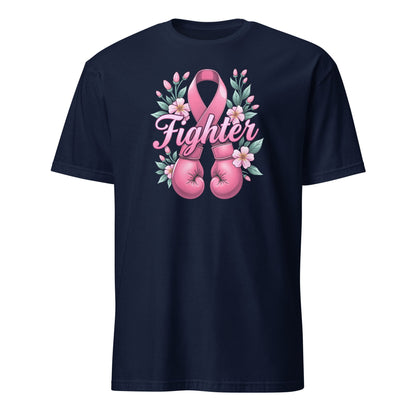 Navy blue t-shirt with pink boxing gloves and a ribbon design on a white background