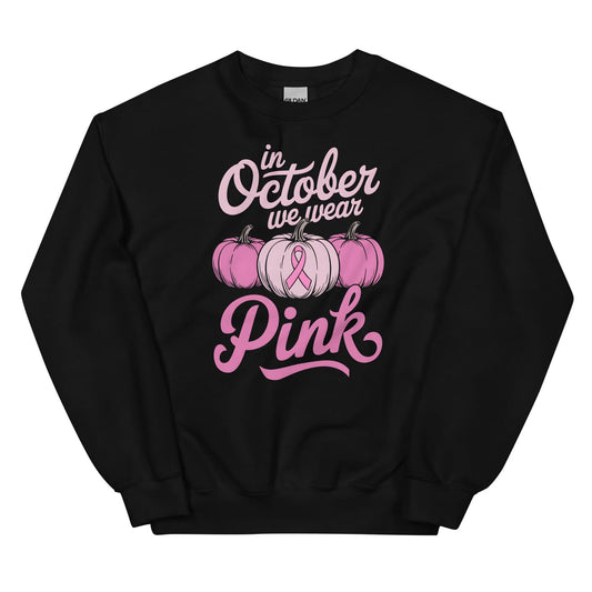 Black sweatshirt with breast cancer awareness pink ribbon and pumpkins on a white background