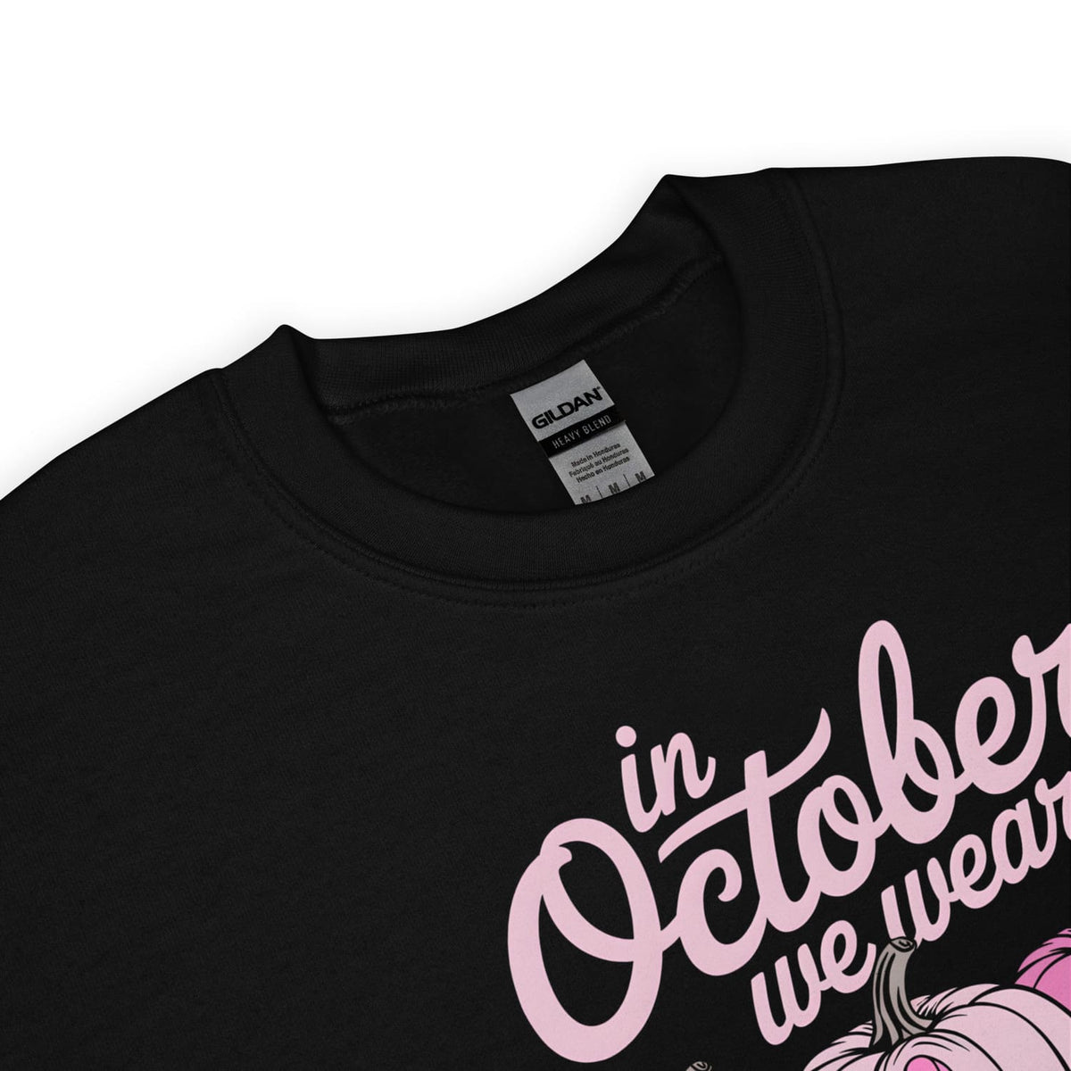 Black sweatshirt with breast cancer awareness pink ribbon on a white background
