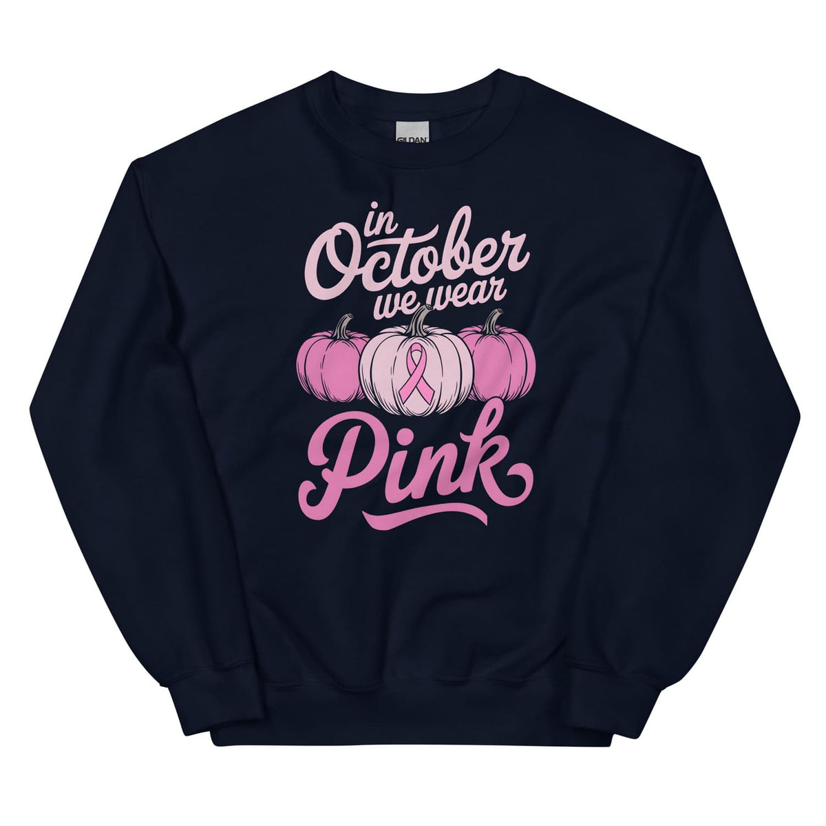 Navy breast cancer awareness pink ribbon sweatshirt with pink text and pumpkins on a white background
