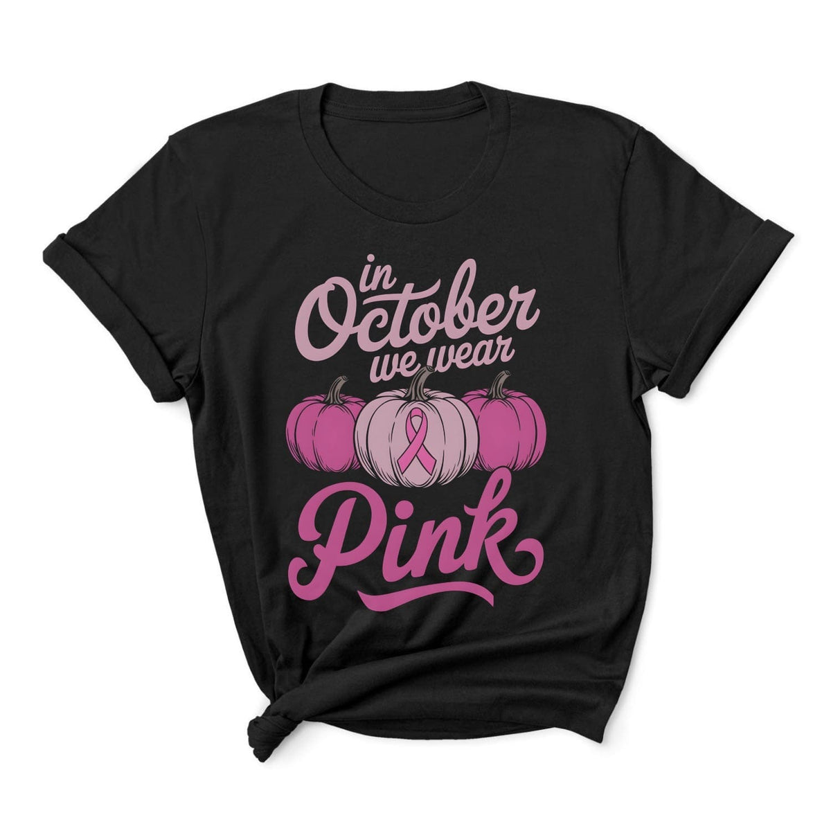 Black breast cancer awareness t-shirt with pink ribbon and pumpkins on a white background