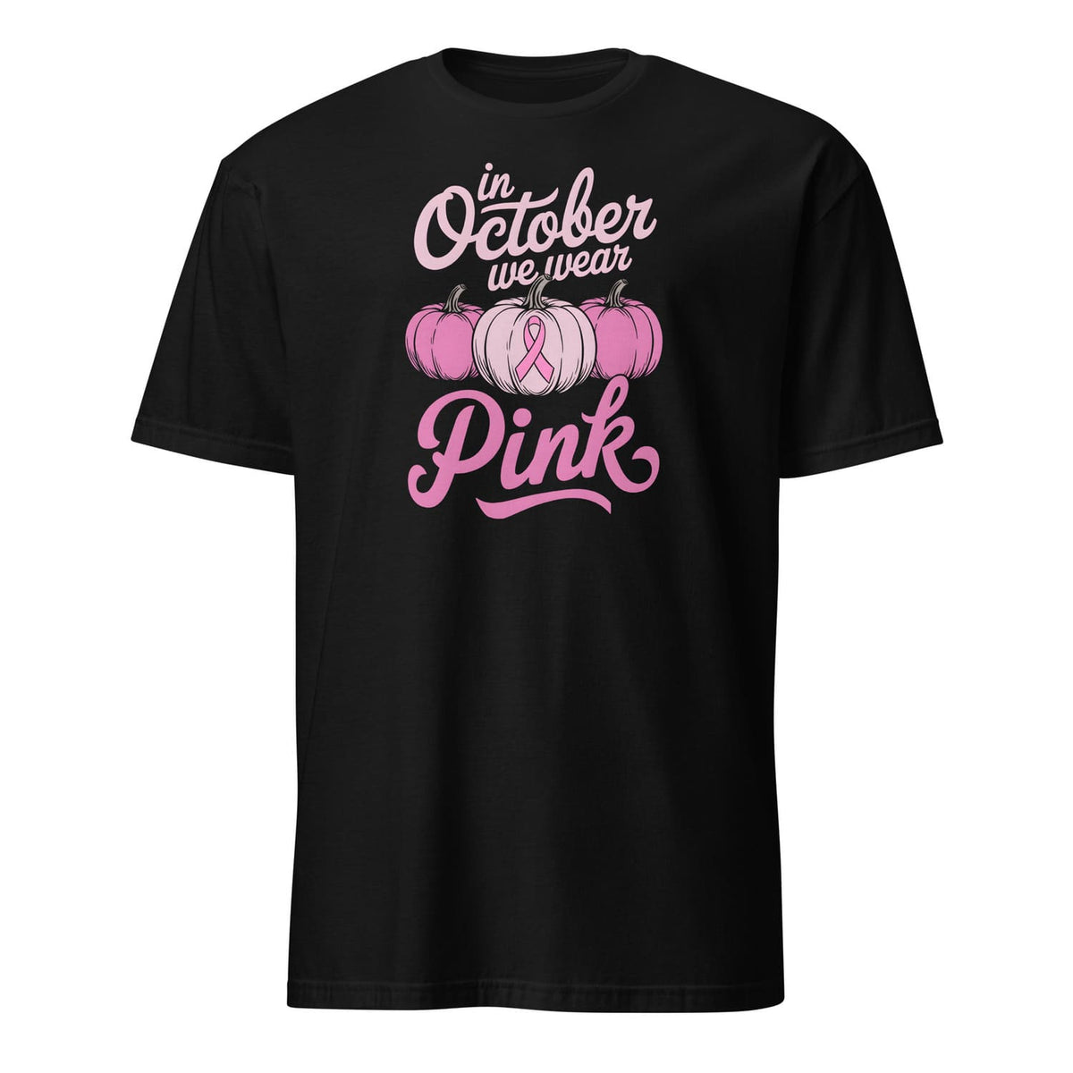 Black breast cancer awareness t-shirt with pink ribbon with 'In October we wear Pink' text and pumpkins design on a white background