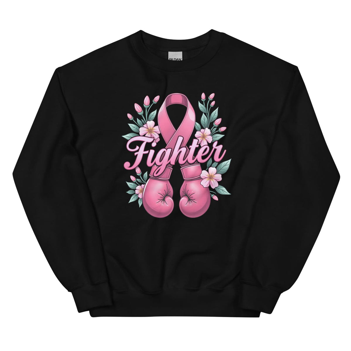 Black breast cancer sweatshirt with pink boxing gloves, ribbon, and flowers on a white background