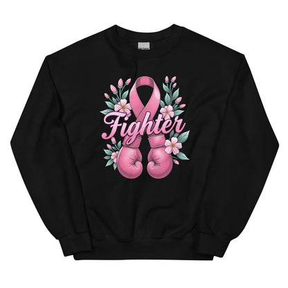 Black breast cancer sweatshirt with pink boxing gloves, ribbon, and flowers on a white background