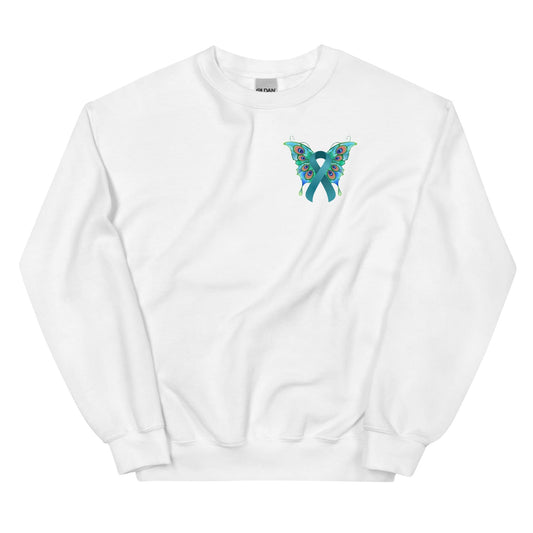 White sweatshirt with a butterfly design for ovarian cancer awareness featuring a teal ribbon on a white background