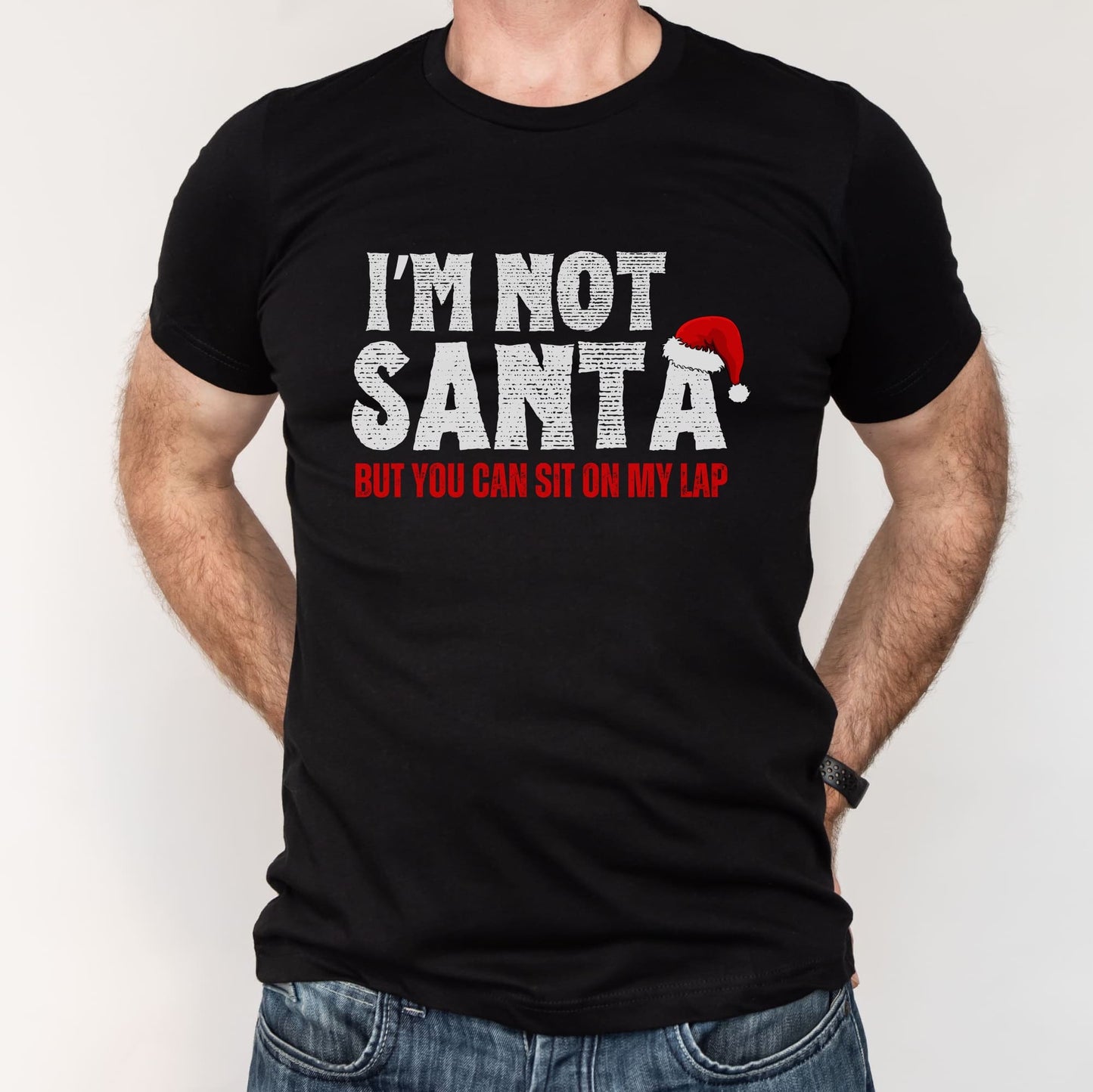 Black t-shirt with Christmas text design on a white background: Rude Santa Men's Shirt, Adult Humor Christmas T-Shirt, Funny Holiday Season Tee For Boyfriend, Inappropriate Gift For Daddy Husband