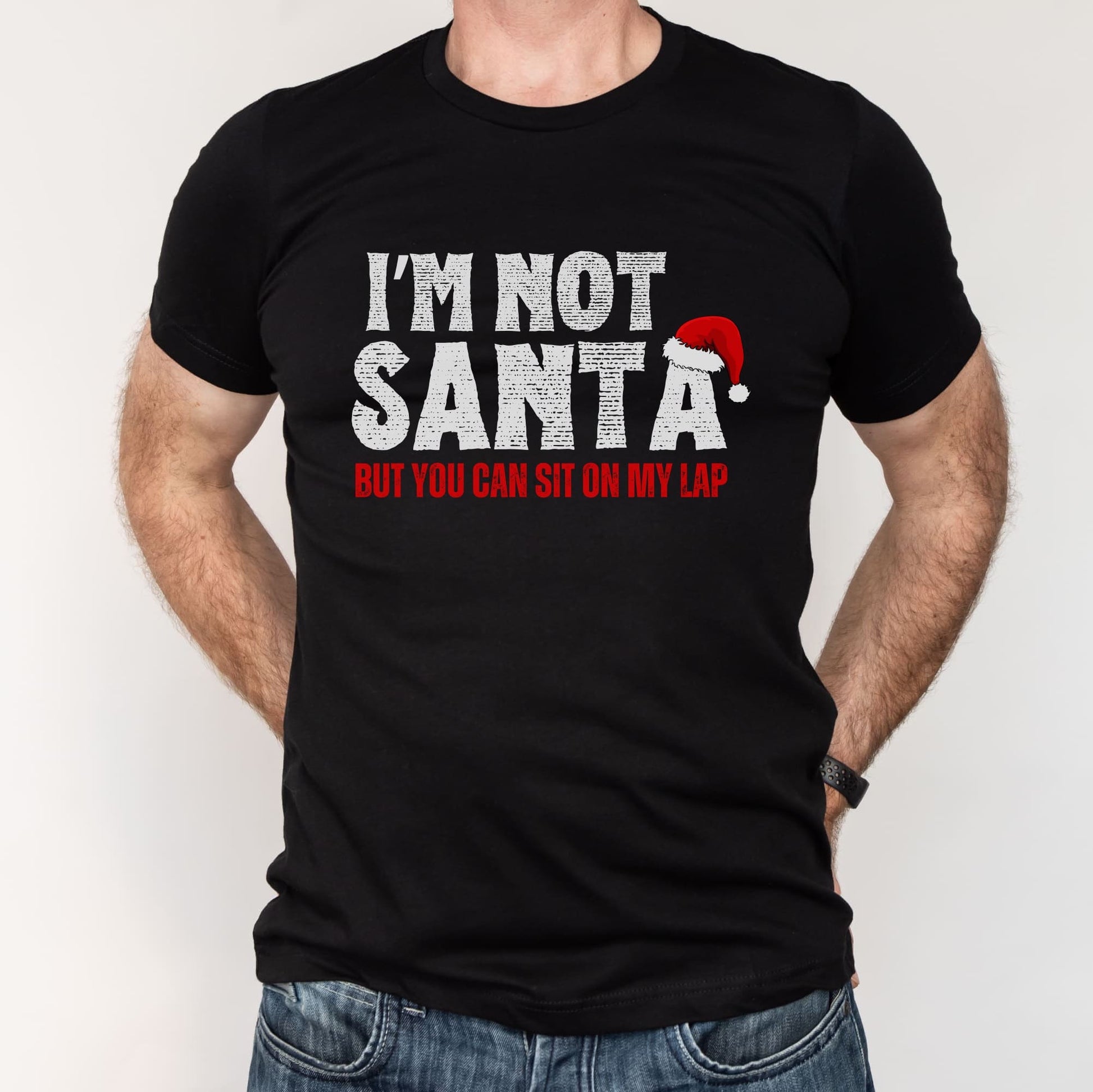 Black t-shirt with Christmas text design on a white background: Rude Santa Men's Shirt, Adult Humor Christmas T-Shirt, Funny Holiday Season Tee For Boyfriend, Inappropriate Gift For Daddy Husband