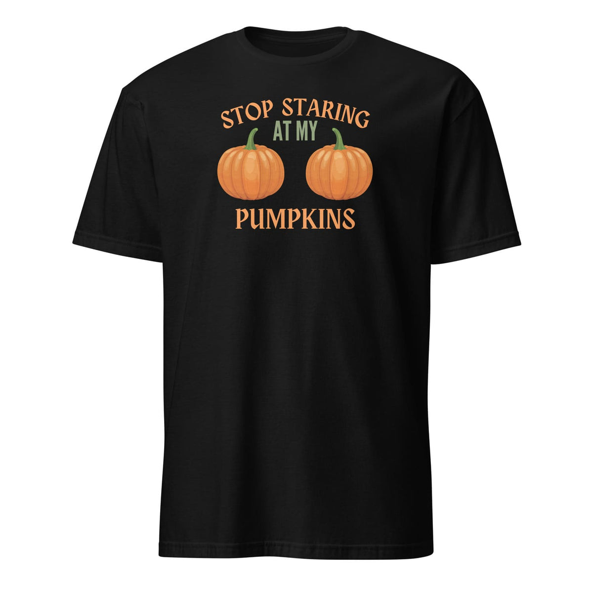 Black halloween t-shirt with 'Stop Staring at My Pumpkins' adult humor text and pumpkin graphics on a white background