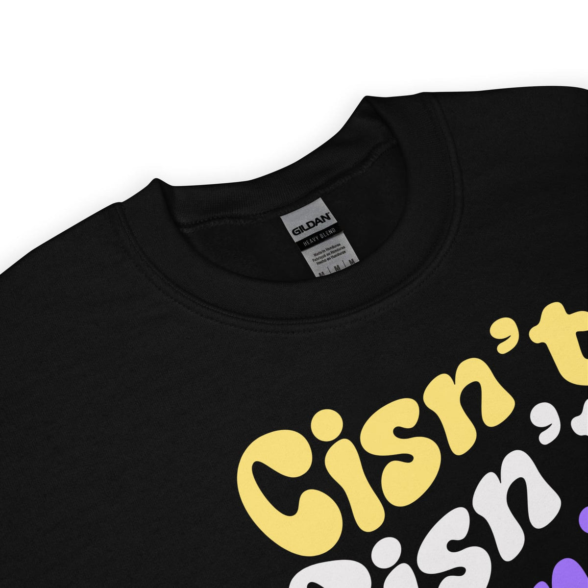detail of nonbinary sweatshirt with colorful text on a white background