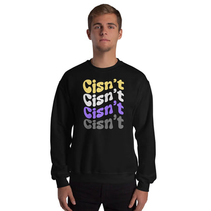 Person wearing a black nonbinary sweatshirt with 'Cisn't' text in multiple colors on a white background