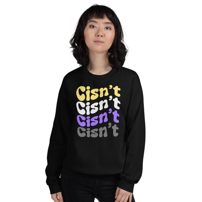 Person wearing a black nonbinary sweatshirt with 'Cisn't' text in multiple colors on a white background