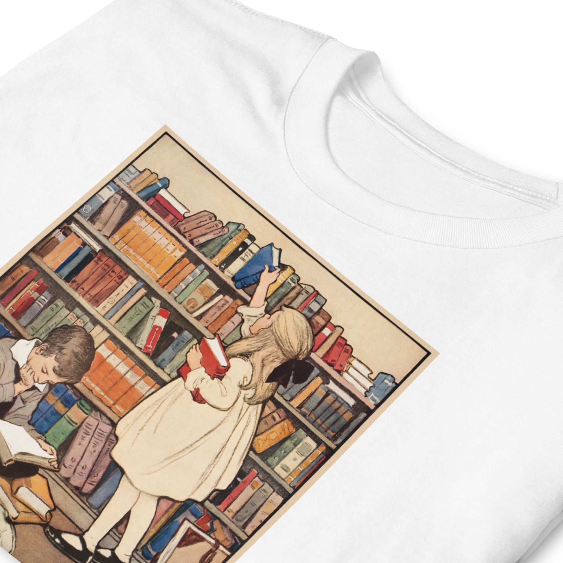 White t-shirt with a vintage-style illustration of two children reading books in a library.