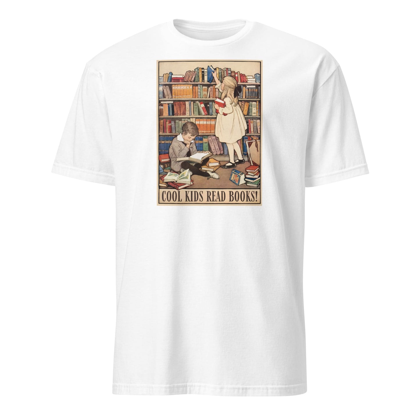 White t-shirt with a graphic of children in a library and 'Cool Kids Read Books!' text on a white background.