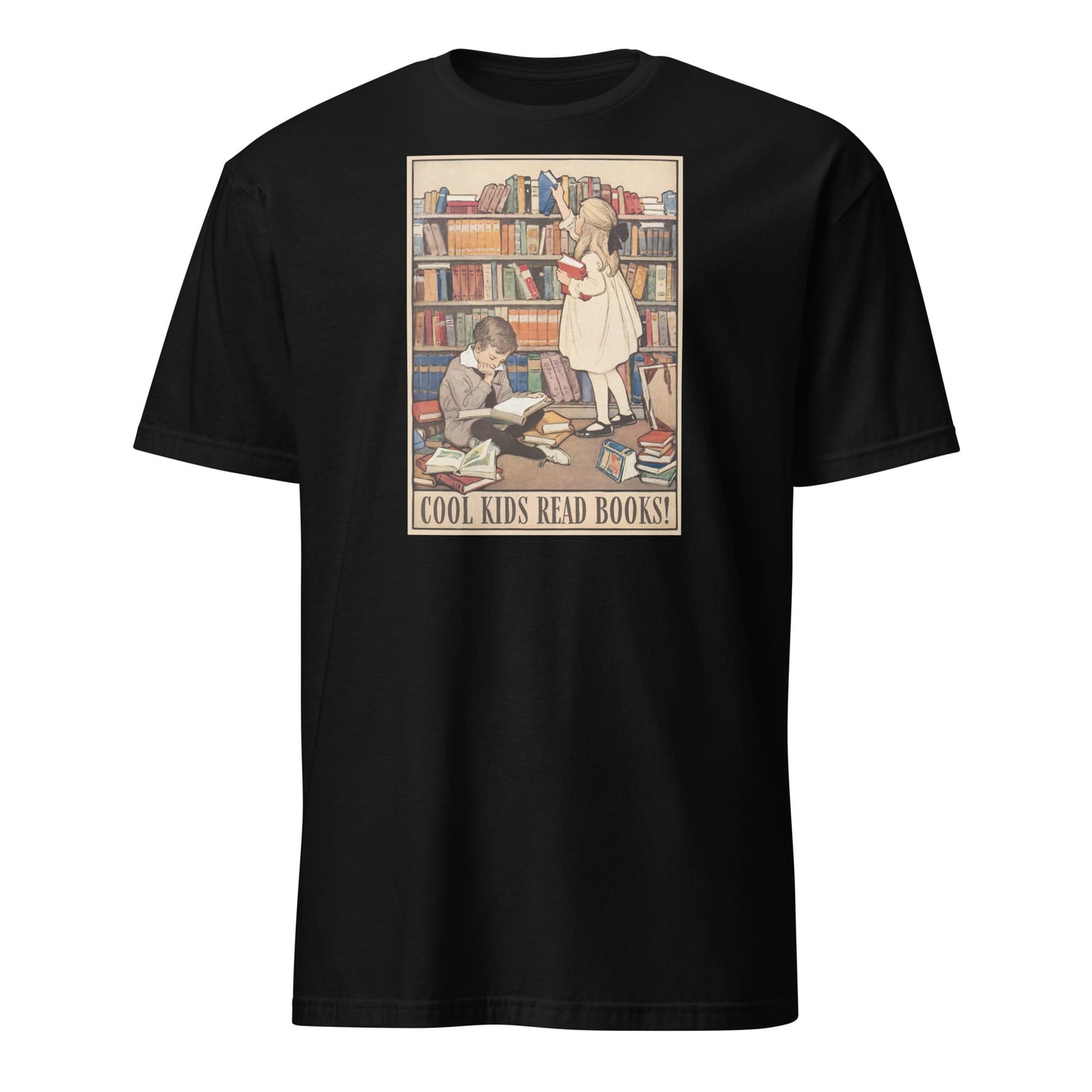Black t-shirt with a graphic of children reading books and 'Cool Kids Read Books!' text on a white background.